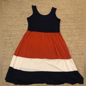 orange, blue and cream striped dress